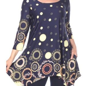 White Mark Women’s Tunic Blouse Size 2XL, Navy Blue Print, Erie, Pockets, NWOT